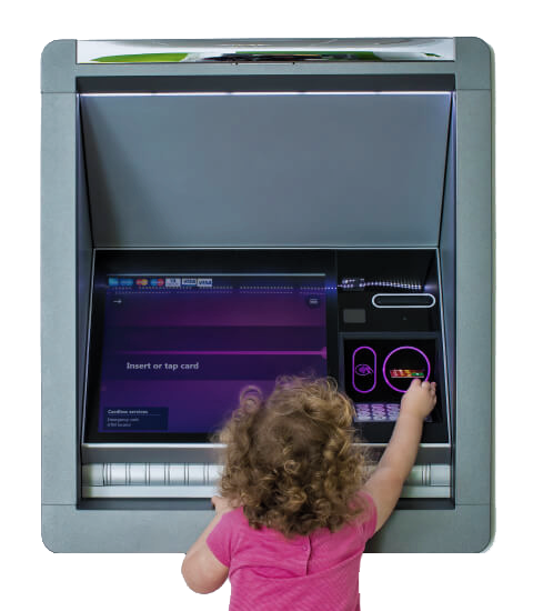 Image of child using ATM. QSI, Inc. is a full-service provider of ATMs, ITMs, self-service technology and branch solutions, physical and logical security, maintenance and cash management for financial institutions, specializing in the community marketplace.