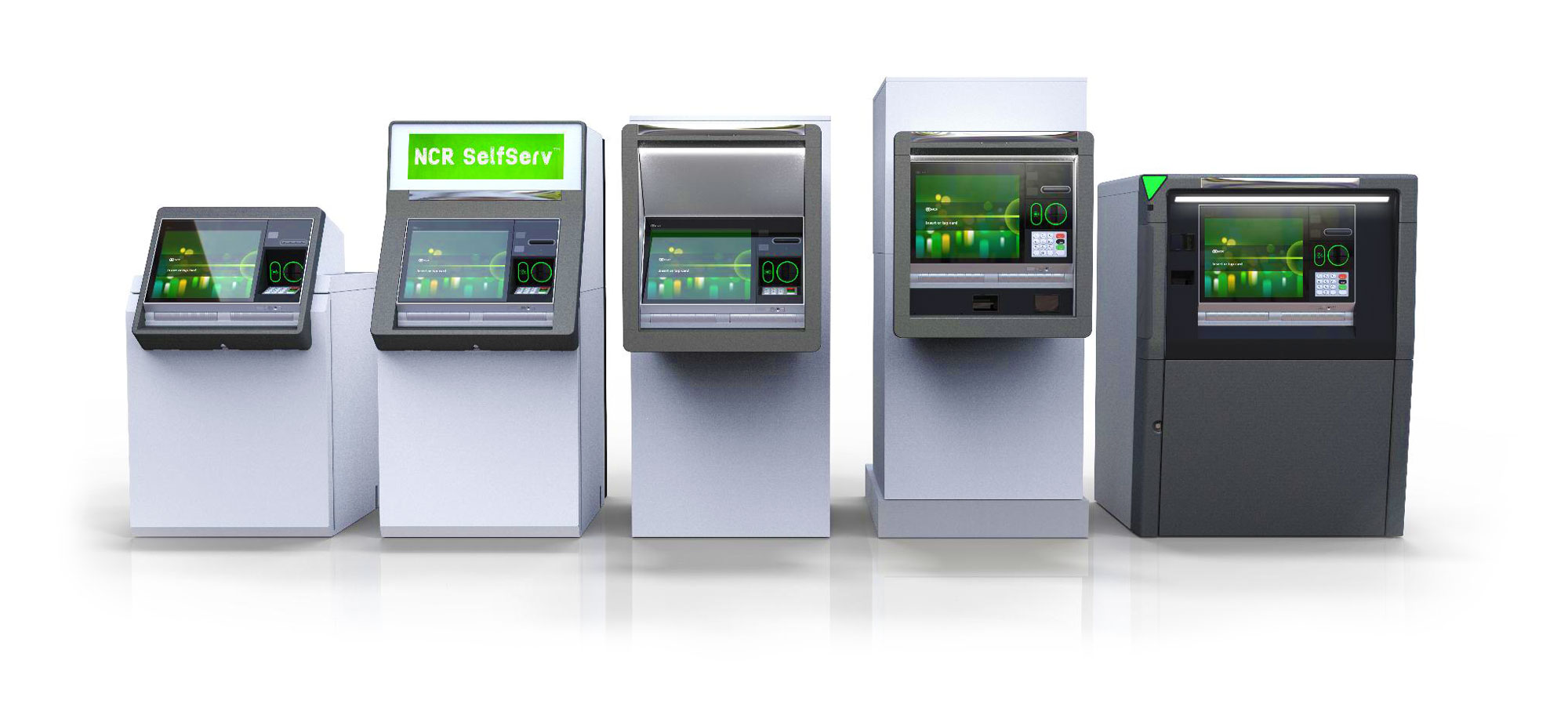 Image of row of NCT ATMs and ITMs. QSI is NCR's largest financial partner in the United States.